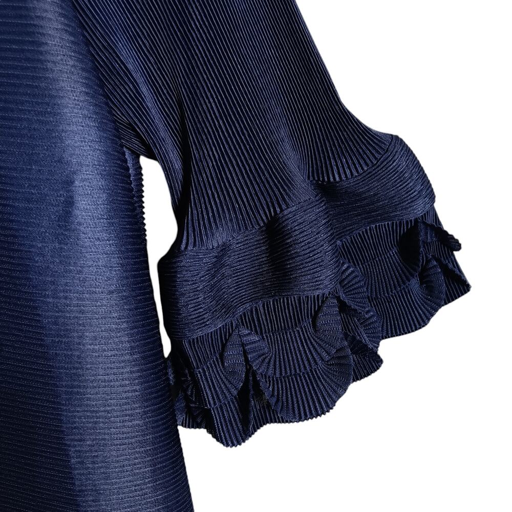 Pleated Fabric Mini Dress Navy Blue Size Medium Gathered Cuffs to 3/4 Sleeves - Picture 4 of 9